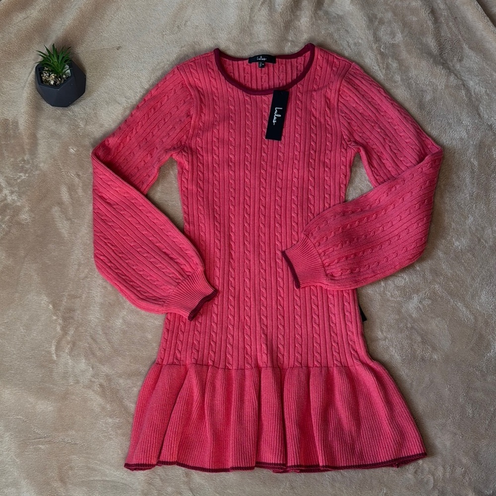 NWT Lulus Coziest Poise Pink Cable Knit Long Sleeve Sweater Mini Dress size M - Picture 5 of 15